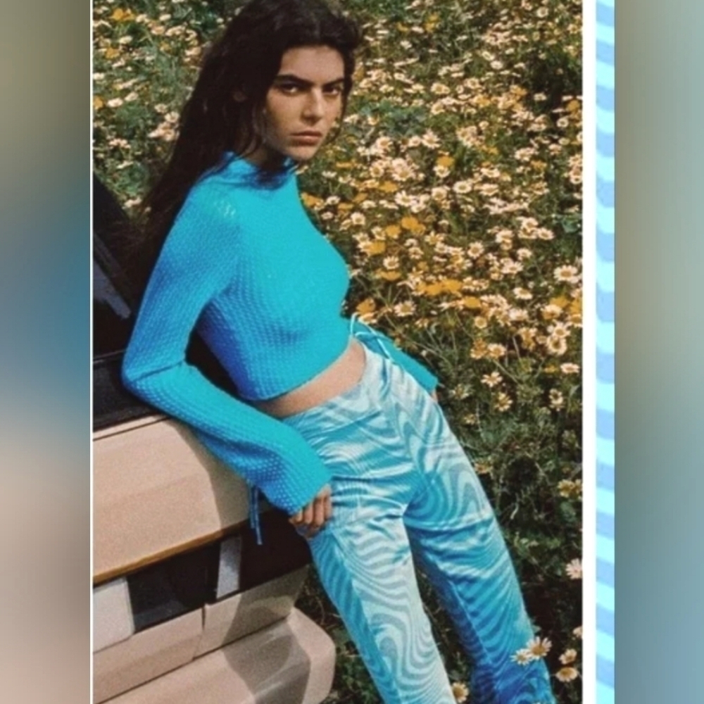 ZARA SIZE XS SPRING BLUE SATIN FLARE SUMMERPANTS 70’S INSPIRE SWIRL COSTUME NWOT